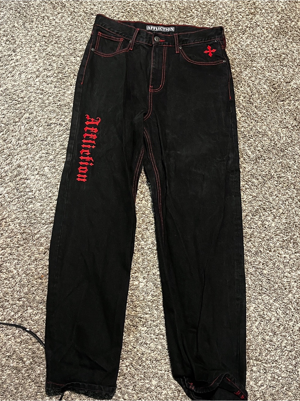 Affliction Black Jeans with Red Stitching & Logo